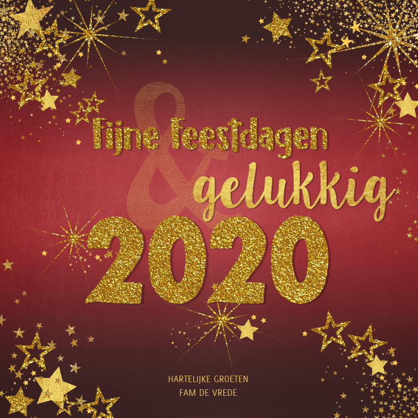 Kerstkaart feestelijke rode kaart goud sterren en tekst 2020 - Kerstkaarten Kerstkaarten - Kerstkaart feestelijke rode kaart goud sterren en tekst 2020