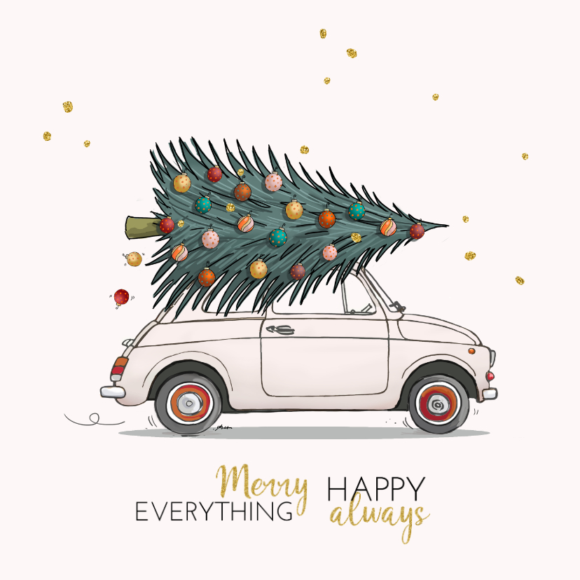 Kerstkaart Fiat 500 wit met kerstboom - Kerstkaarten Kerstkaarten - Kerstkaart Fiat 500 wit met kerstboom