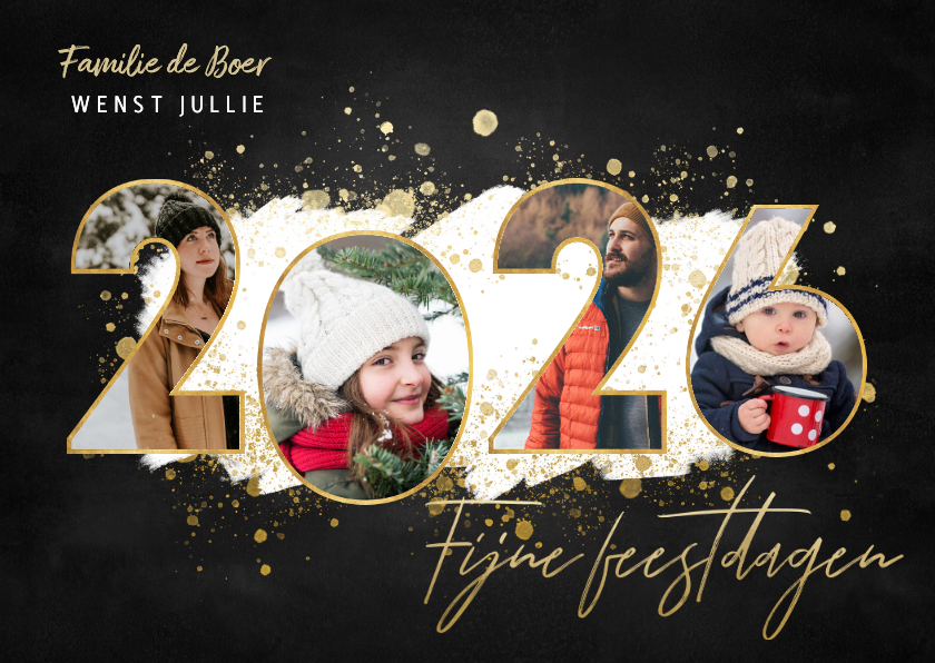 Kerstkaarten - Kerstkaart fijne feestdagen fotocollage 2026 gouden spetters