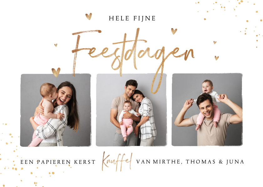 Kerstkaarten - Kerstkaart fijne feestdagen fotocollage goud hartjes