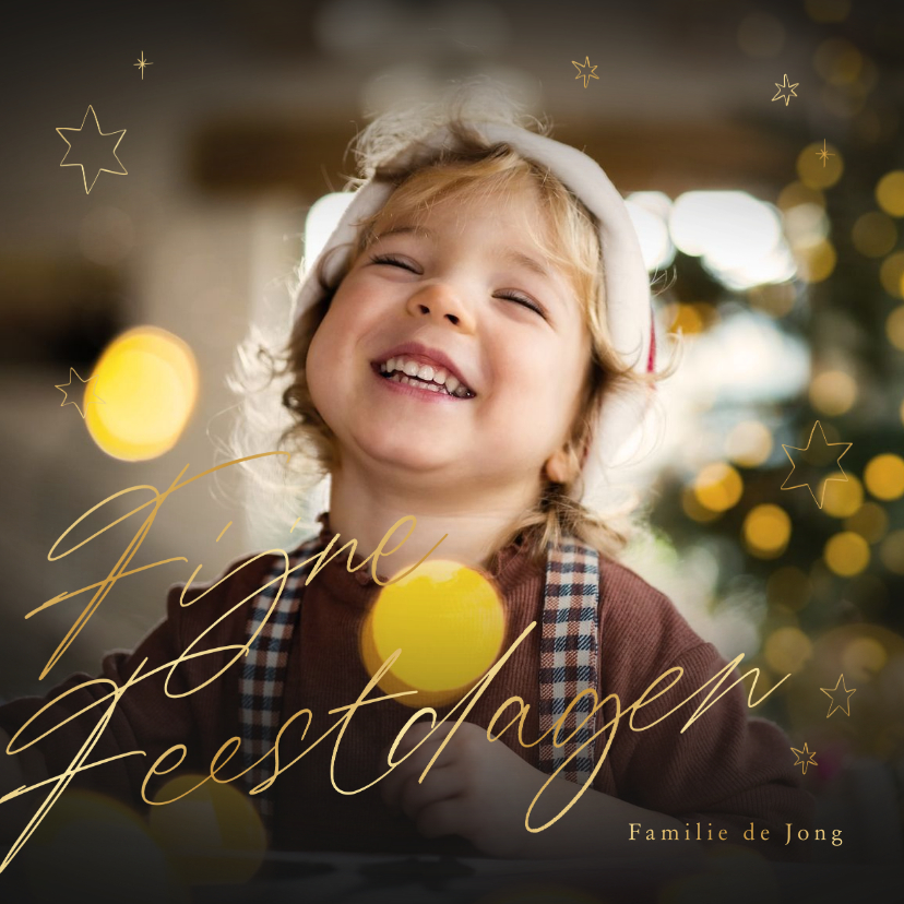 Kerstkaarten - Kerstkaart fijne feestdagen grote foto met gouden sterren