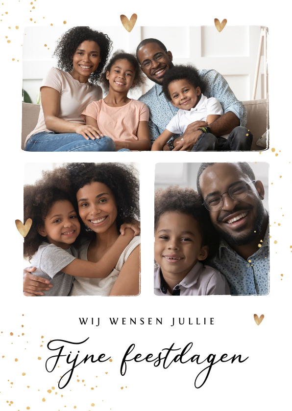 Kerstkaart fijne feestdagen spetters goud hartjes foto - Kerstkaarten Kerstkaarten - Kerstkaart fijne feestdagen spetters goud hartjes foto