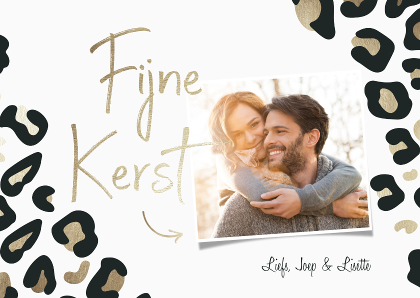 Kerstkaart Fijne Kerst met foto goudlook panterprint - Kerstkaarten Kerstkaarten - Kerstkaart Fijne Kerst met foto goudlook panterprint