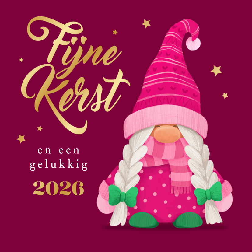Kerstkaarten - Kerstkaart fijne kerst vrouwelijke kabouter goud 2027