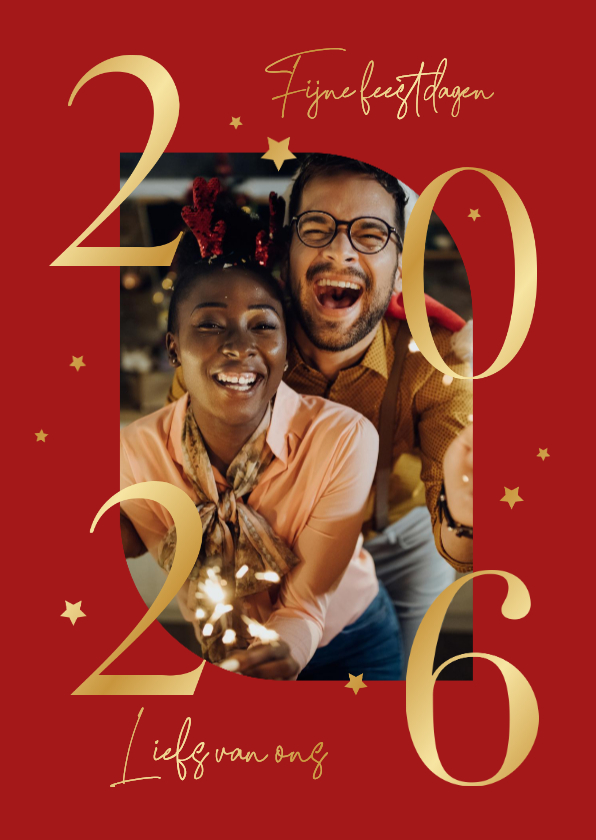 Kerstkaarten - Kerstkaart foto 2026 goud sterretjes fijne feestdagen