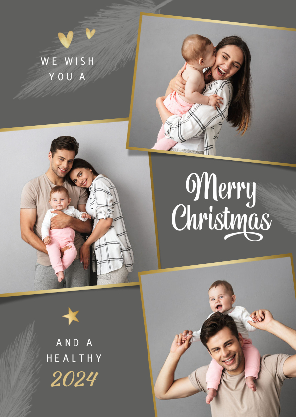 Kerstkaart foto goud hartjes sterren stijlvol grijs - Kerstkaarten Kerstkaarten - Kerstkaart foto goud hartjes sterren stijlvol grijs