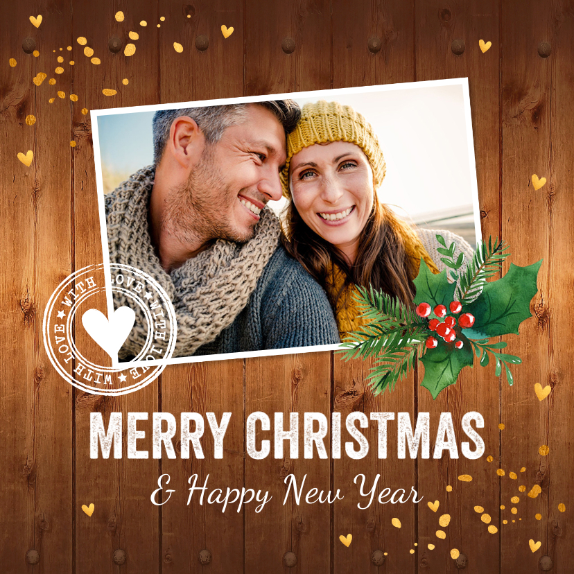 Kerstkaart foto hout kerstkrans confetti goud - Kerstkaarten Kerstkaarten - Kerstkaart foto hout kerstkrans confetti goud
