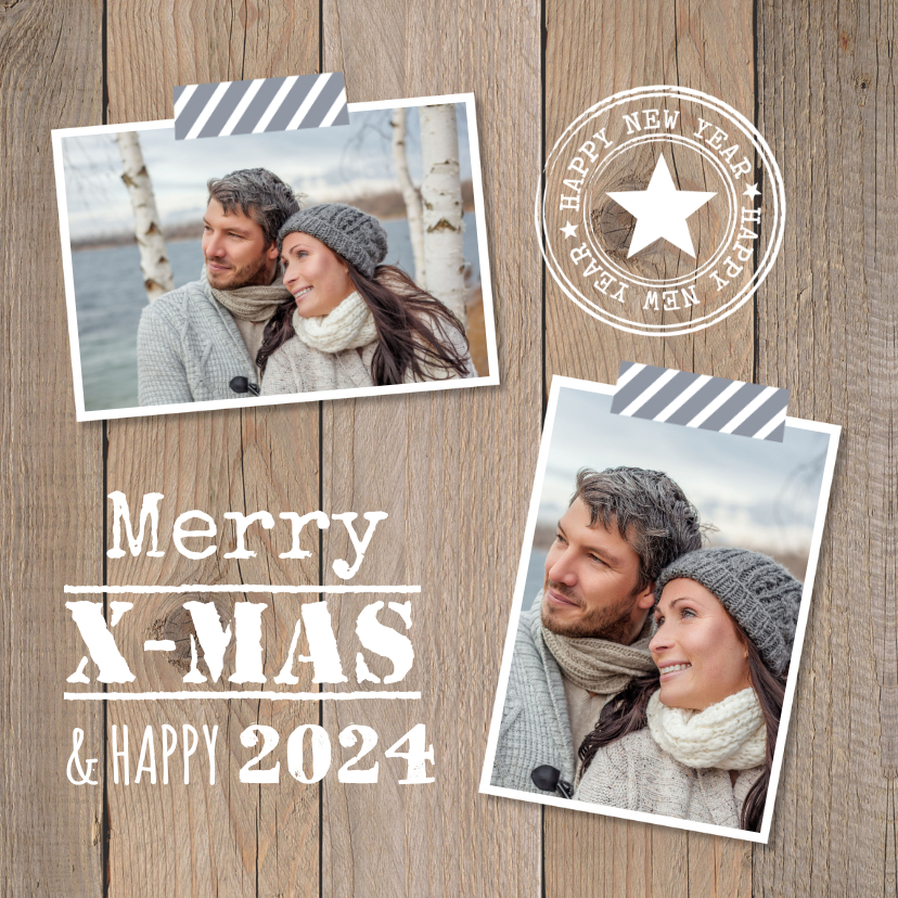 Kerstkaart foto houtlook stempels - Kerstkaarten Kerstkaarten - Kerstkaart foto houtlook stempels