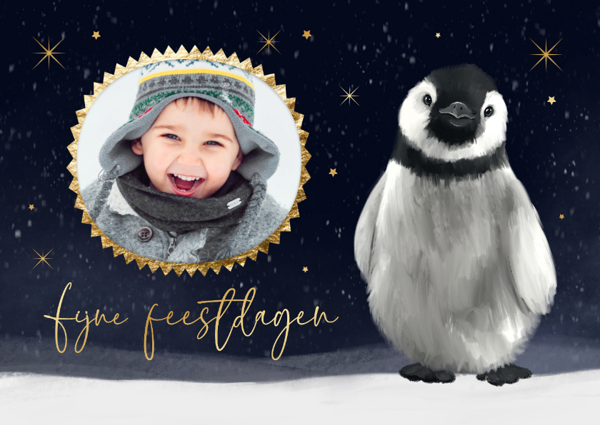 Kerstkaarten - Kerstkaart foto pinguïn winter sneeuw sterren feestdagen