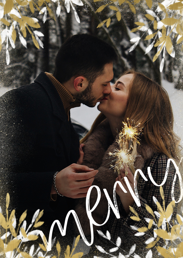 Kerstkaart foto stijlvol merry met gouden en witte takken - Kerstkaarten Kerstkaarten - Kerstkaart foto stijlvol merry met gouden en witte takken