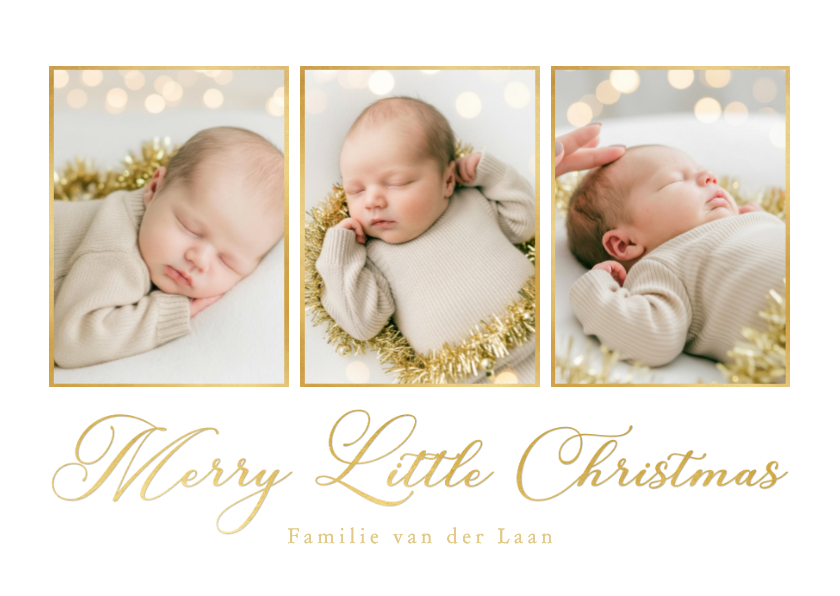 Kerstkaarten - Kerstkaart fotocollage baby klassieke gouden typografie
