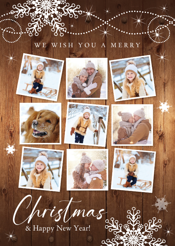 Kerstkaarten - Kerstkaart fotocollage hout sneeuwvlokken
