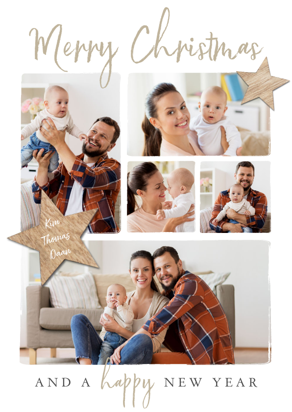 Kerstkaart fotocollage houten sterren merry christmas - Kerstkaarten Kerstkaarten - Kerstkaart fotocollage houten sterren merry christmas