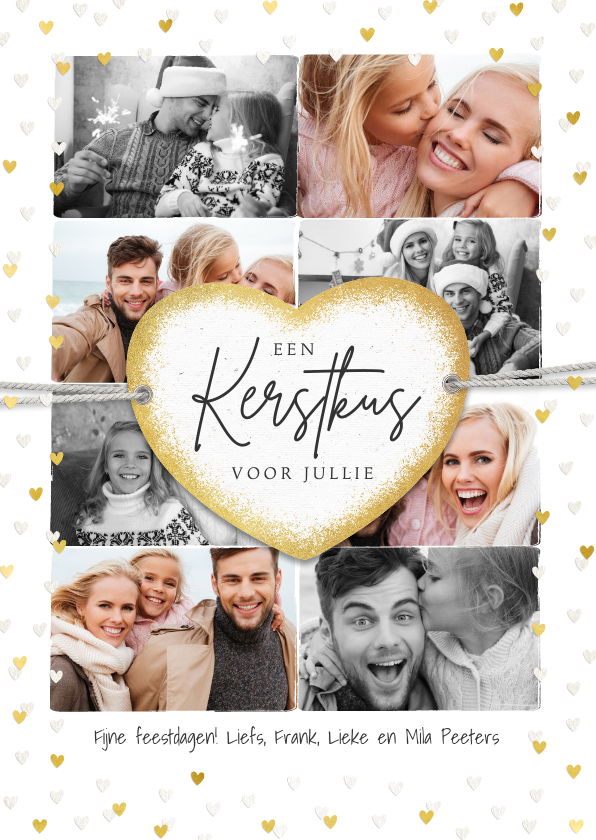 Kerstkaarten - Kerstkaart fotocollage liefde hartjes goud label kus