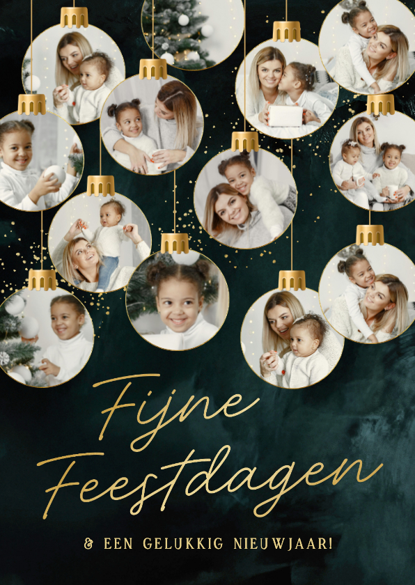 Kerstkaart fotocollage met 13 kerstballen teal goud - Kerstkaarten Kerstkaarten - Kerstkaart fotocollage met 13 kerstballen teal goud