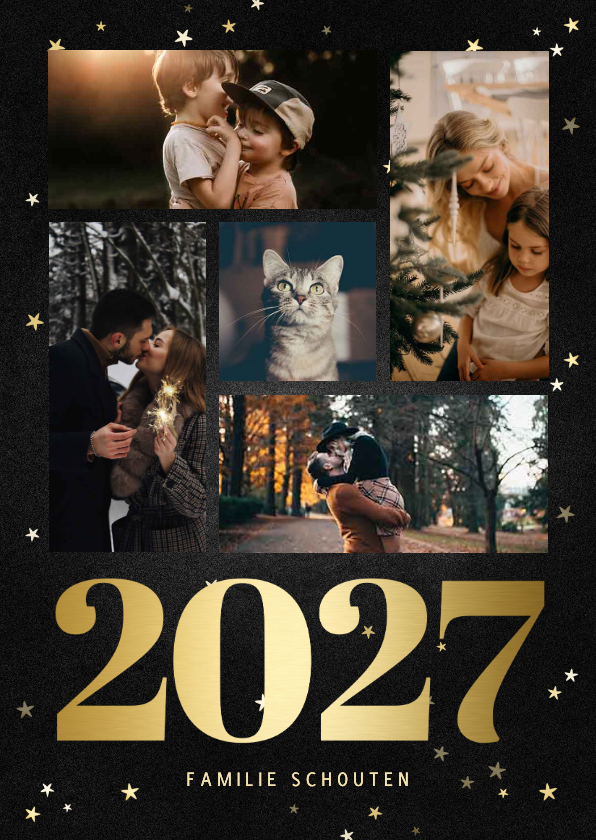 Kerstkaart fotocollage met gouden 2027 en sterren - Kerstkaarten Kerstkaarten - Kerstkaart fotocollage met gouden 2027 en sterren