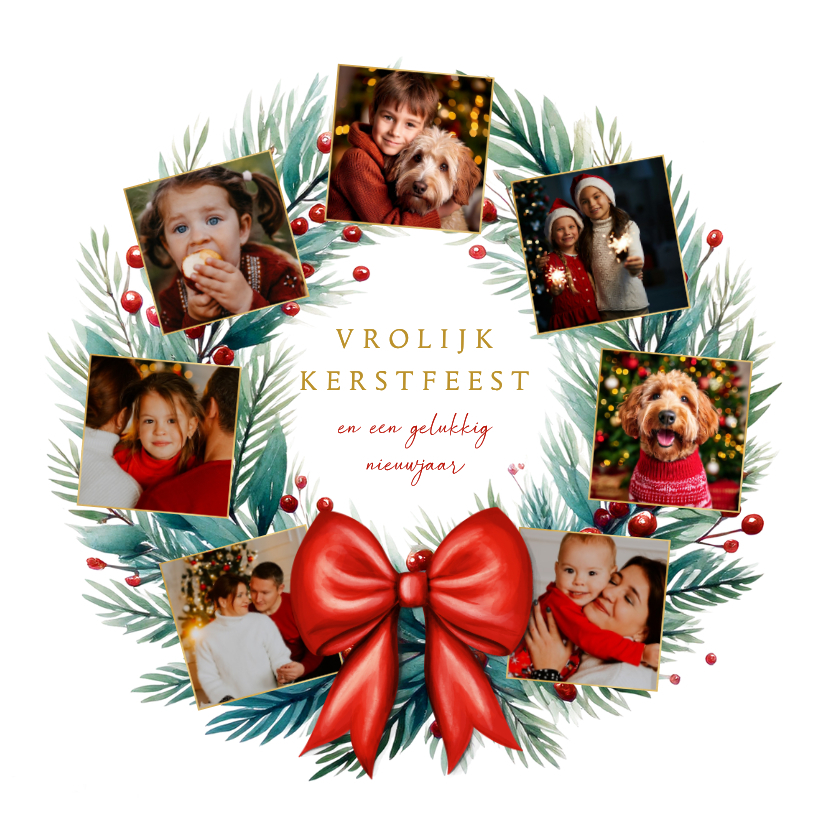 Kerstkaart fotocollage met kerstkrans en rode strik - Kerstkaarten Kerstkaarten - Kerstkaart fotocollage met kerstkrans en rode strik