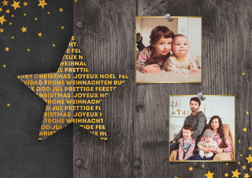Kerstkaart fotocollage met meertalige ster en gouden sterren - Kerstkaarten Kerstkaarten - Kerstkaart fotocollage met meertalige ster en gouden sterren