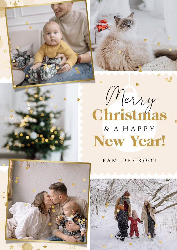 Kerstkaart fotocollage postzegel goud hartjesconfetti - Kerstkaarten Kerstkaarten - Kerstkaart fotocollage postzegel goud hartjesconfetti