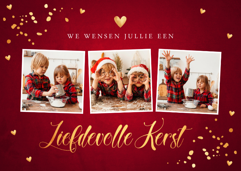 Kerstkaarten - Kerstkaart fotocollage rood confetti goudlook