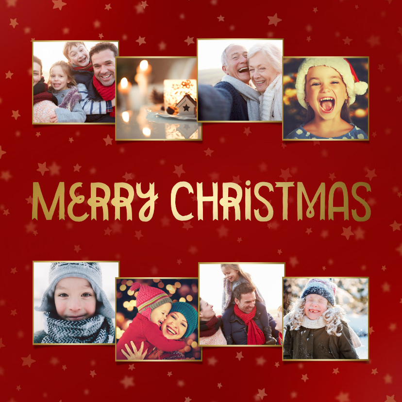 Kerstkaart fotocollage rood sterren goudaccent - Kerstkaarten Kerstkaarten - Kerstkaart fotocollage rood sterren goudaccent