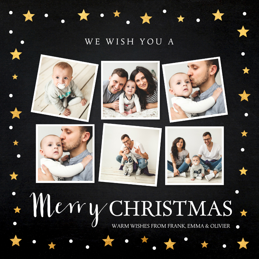 Kerstkaart fotocollage sterren goud krijtbord - Kerstkaarten Kerstkaarten - Kerstkaart fotocollage sterren goud krijtbord