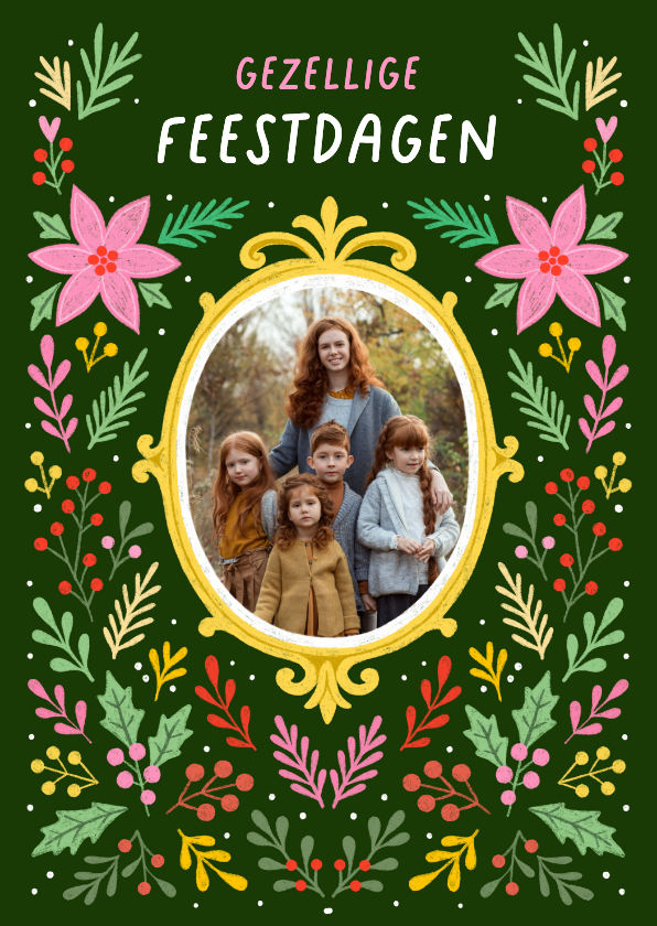 Kerstkaarten - Kerstkaart fotokaart bloemen donkergroen