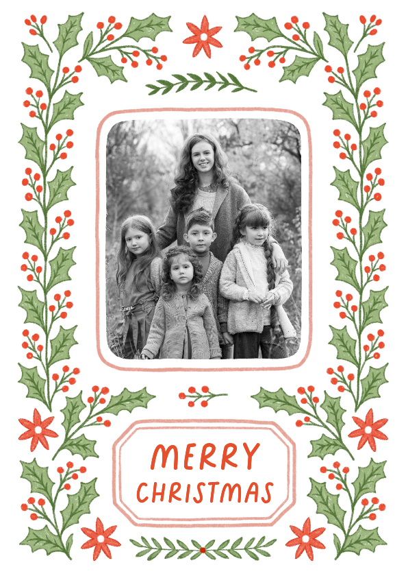 Kerstkaart fotokaart hulst besjes groen rood - Kerstkaarten Kerstkaarten - Kerstkaart fotokaart hulst besjes groen rood