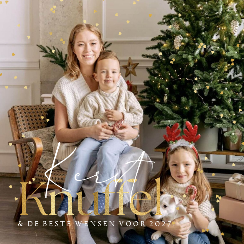 Kerstkaart fotokaart kerstknuffel hartjesconfetti goud - Kerstkaarten Kerstkaarten - Kerstkaart fotokaart kerstknuffel hartjesconfetti goud
