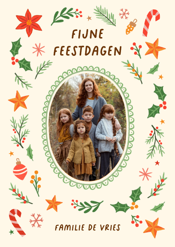Kerstkaarten - Kerstkaart fotokaart kerstster hulst besjes oranje groen