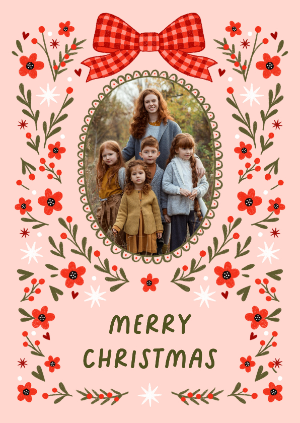 Kerstkaarten - Kerstkaart fotokaart strik bloemen rood roze