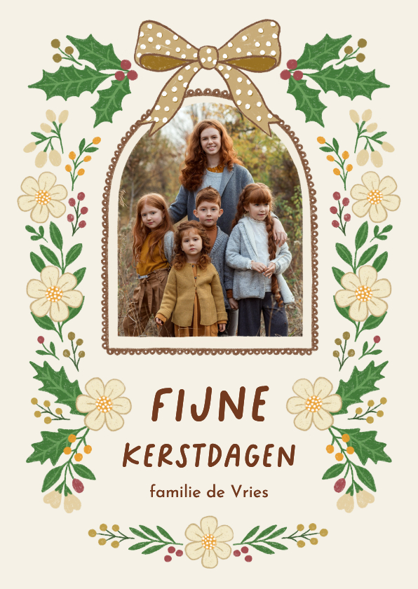 Kerstkaarten - Kerstkaart fotokaart strik hulst besjes groen geel 