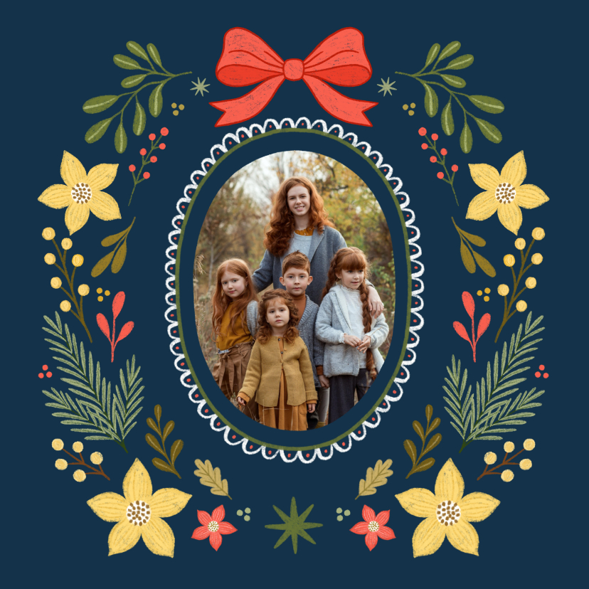 Kerstkaarten - Kerstkaart fotokaart strik vintage bloemen donkerblauw geel