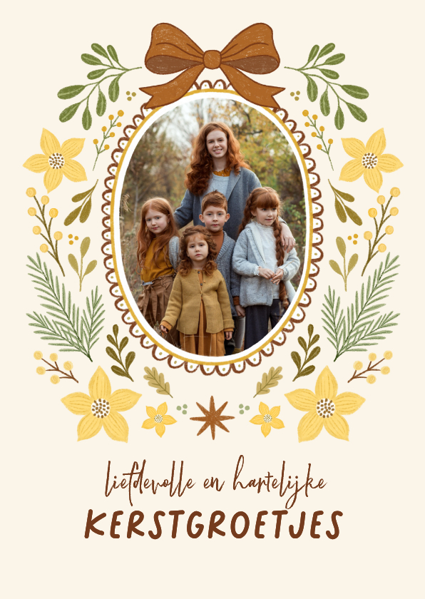 Kerstkaarten - Kerstkaart fotokaart strik vintage bloemen geel