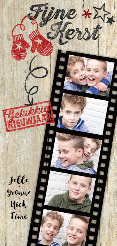 Kerstkaart fotostrip kerst stempel rood hout - Kerstkaarten Kerstkaarten - Kerstkaart fotostrip kerst stempel rood hout