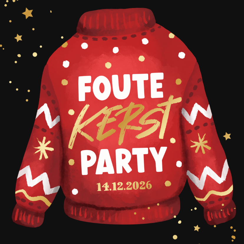 Kerstkaarten - Kerstkaart foute kerst party uitnodiging kersttrui goud