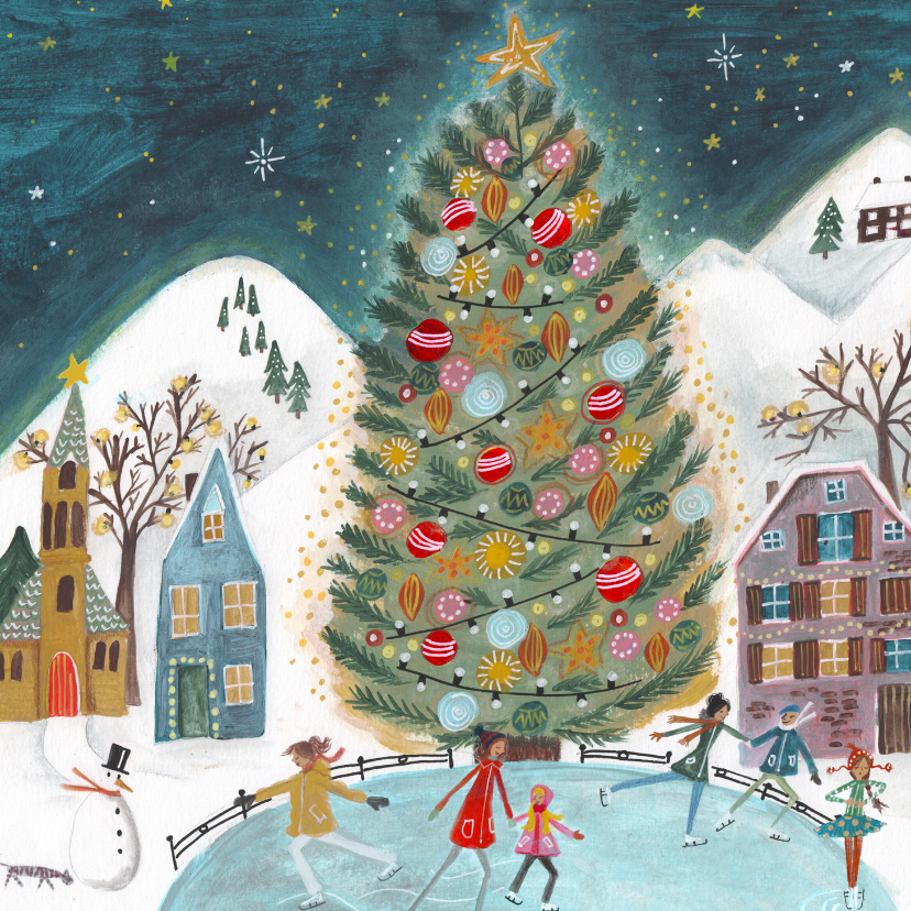 Kerstkaart gedecoreerde kerstboom met mensen die schaatsen - Kerstkaarten Kerstkaarten - Kerstkaart gedecoreerde kerstboom met mensen die schaatsen