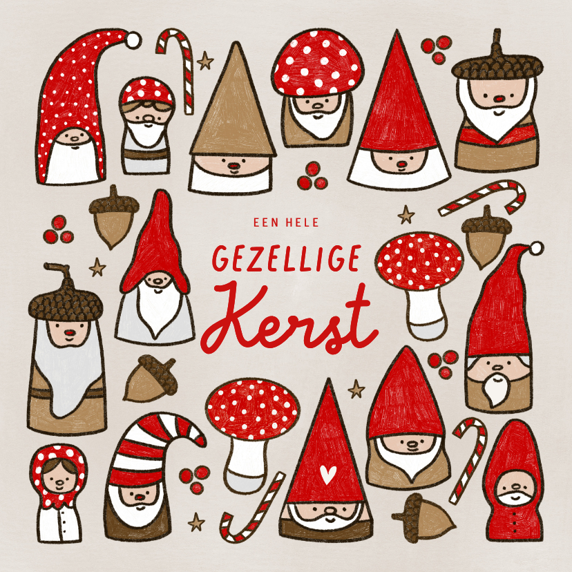Kerstkaarten - Kerstkaart gezellige kabouters paddestoelen en eikeltjes