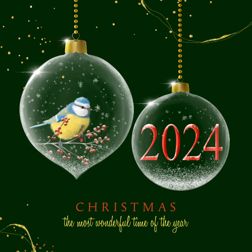 Kerstkaart glazen kerstbal met vogel 2024 Kaartje2go