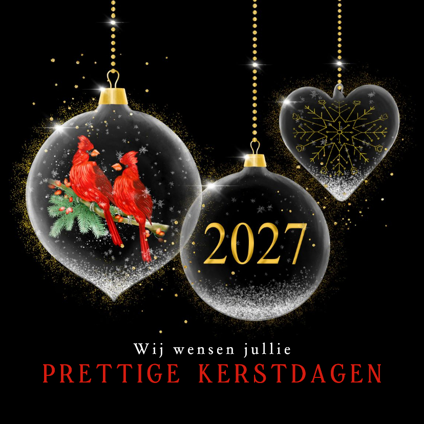 Kerstkaarten - Kerstkaart glazen kerstballen op zwart met jaartal