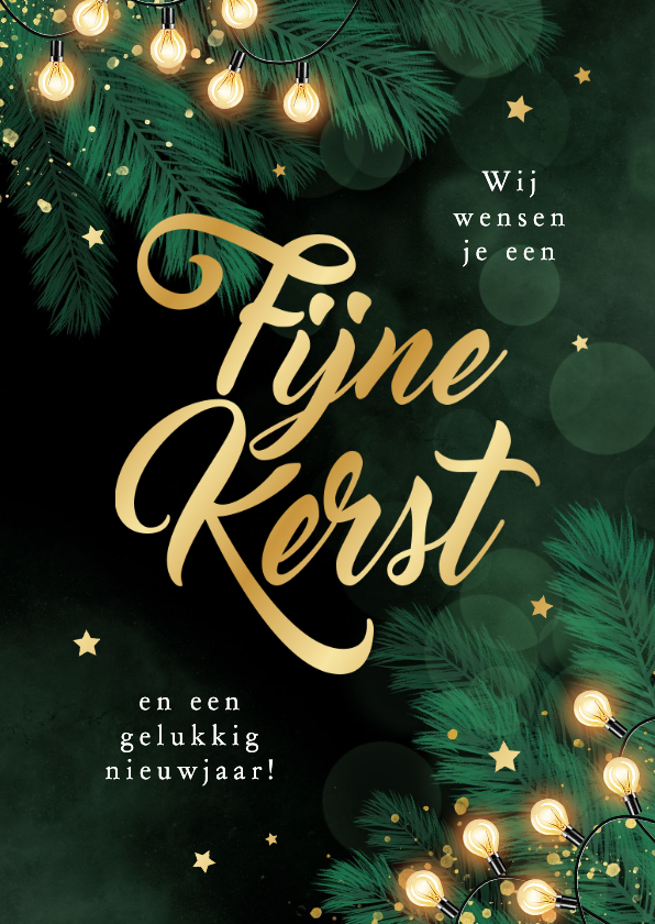 Kerstkaart goud dennentakken groen fijne kerst lampjes - Kerstkaarten Kerstkaarten - Kerstkaart goud dennentakken groen fijne kerst lampjes