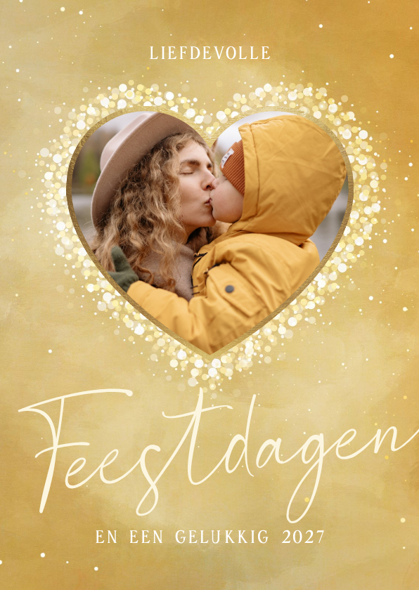 Kerstkaart goud hart van sparkles met foto - Kerstkaarten Kerstkaarten - Kerstkaart goud hart van sparkles met foto