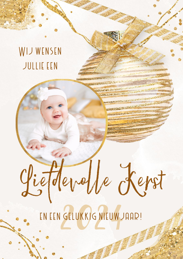Kerstkaart goud stijlvol kerstbal foto glitter verf - Kerstkaarten Kerstkaarten - Kerstkaart goud stijlvol kerstbal foto glitter verf