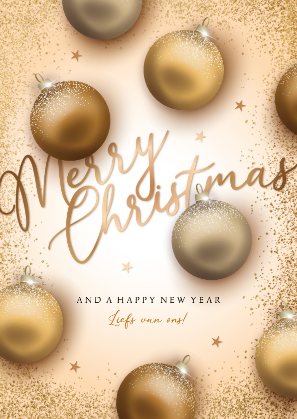 Kerstkaart gouden kerstballen en glitter - Kerstkaarten Kerstkaarten - Kerstkaart gouden kerstballen en glitter