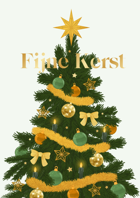 Kerstkaarten - Kerstkaart gouden kerstboom decoratie sterren goud