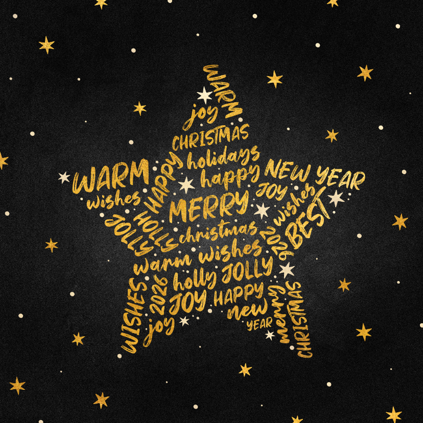 Kerstkaart goudlook ster met woorden krijtbord - Kerstkaarten Kerstkaarten - Kerstkaart goudlook ster met woorden krijtbord