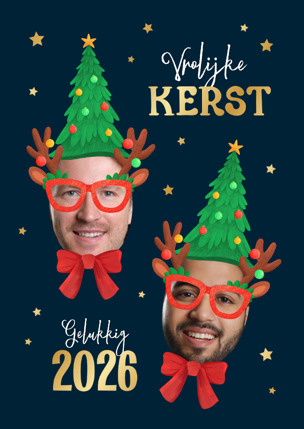 Kerstkaarten - Kerstkaart grappig 2026 kerstmuts kerstboom bril humor