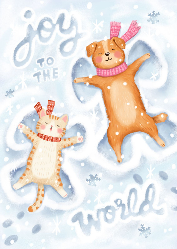 Kerstkaart grappig sneeuw hond kat joy to the world winter - Kerstkaarten Kerstkaarten - Kerstkaart grappig sneeuw hond kat joy to the world winter