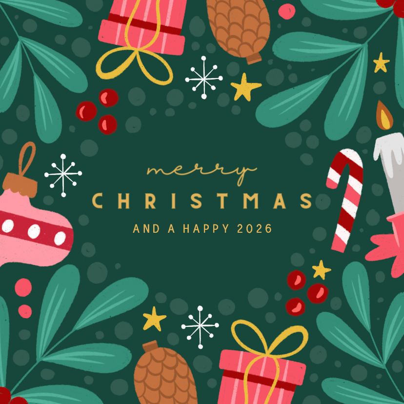 Kerstkaarten - Kerstkaart groen met felle ornamenten vierkant