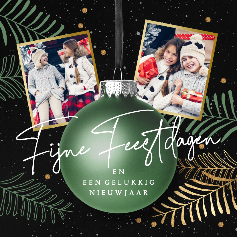 Kerstkaart groene kerstbal en twee foto's - Kerstkaarten Kerstkaarten - Kerstkaart groene kerstbal en twee foto's